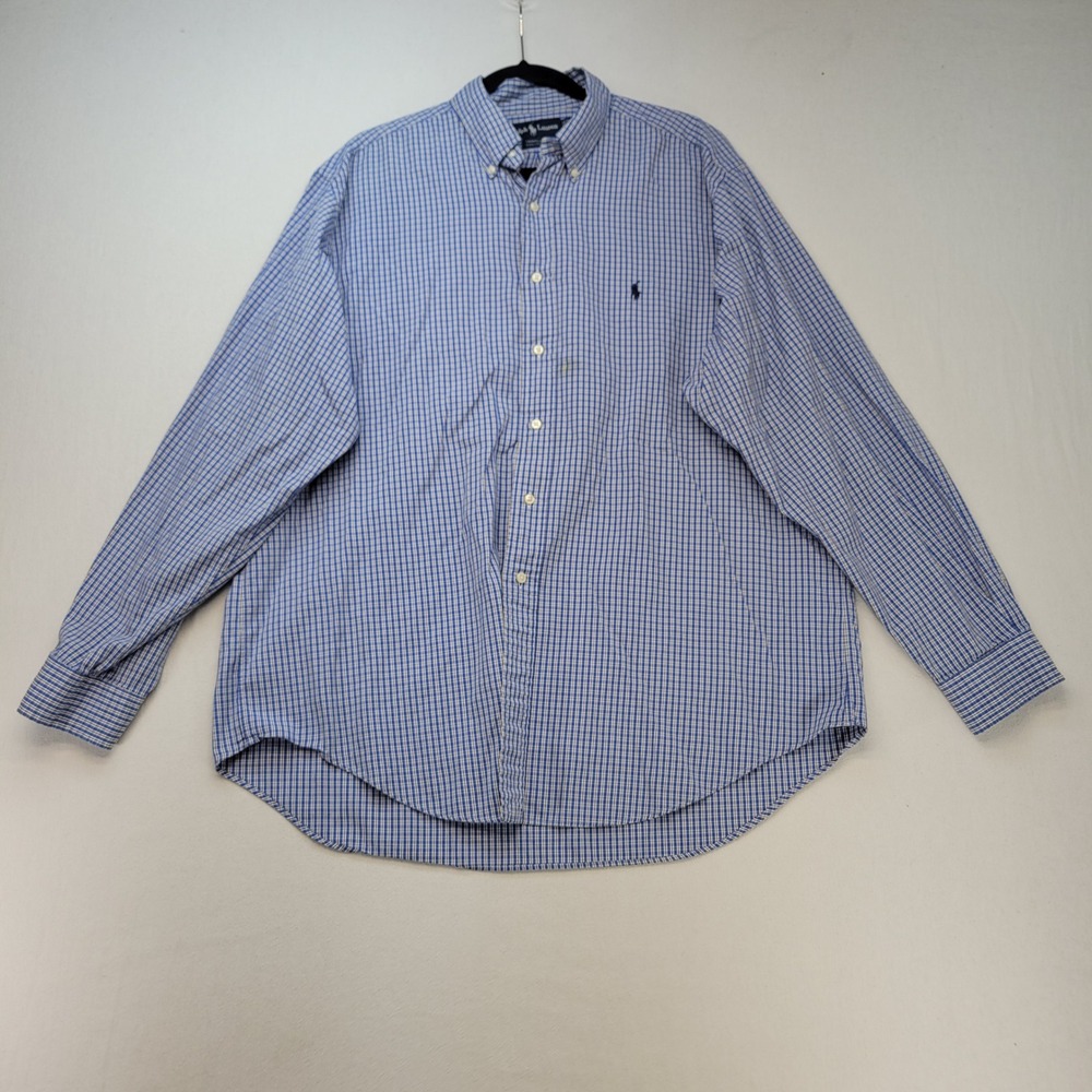 Ralph Lauren Yarmouth Dress Shirt Mens 17-36 Blue Checkered Cotton Long Sleeve